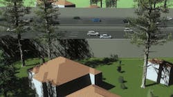 Depicted is a design model draft render of a property adjacent to a noise wall, showing the impact to it.