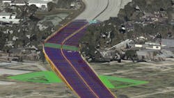 A reality mesh blended with the proposed I-95 corridor is shown here. Green represents pond grading; blue is pavement.